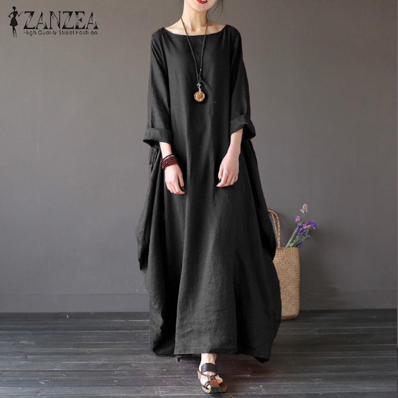 ZANZEA Women Crewneck 3/4 Batwing Sleeve Baggy Maxi Long Shirt Dress Casual Party Kaftan Solid Robe Vestido Plus Size