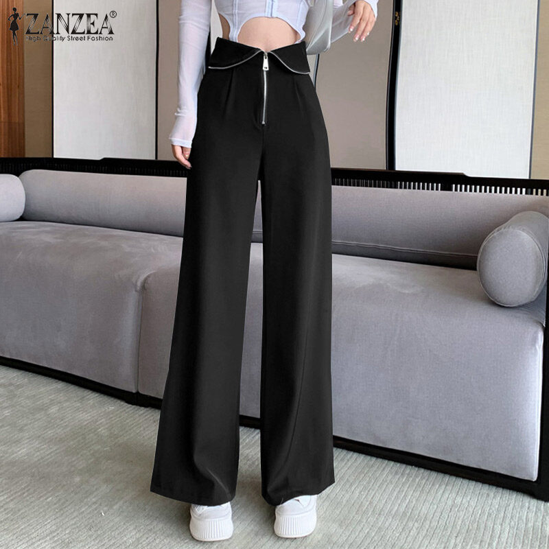 ZANZEA Womens Fashion Wide Leg Plain Pants Zipper High Waist Baggy Split Long Trousers