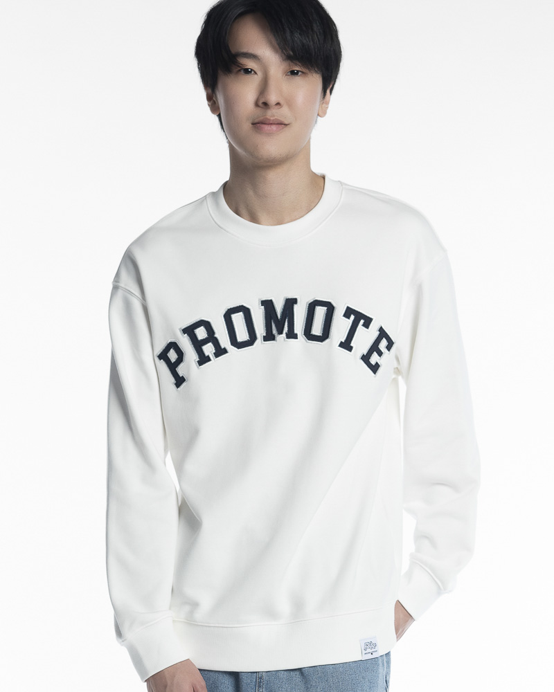 Yishion Men Solid Colour Long Sleeve Sweatshirt with Promote Slogan Embroidery (White)