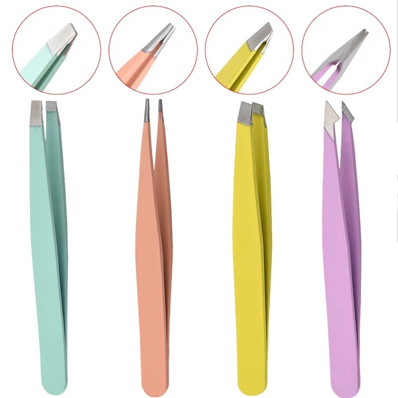 Hair Removal Tweezers Stainless Steel Eyebrow Tweezers Pink Slanted Black Tip Point Face Harmless Makeup Beauty Tool