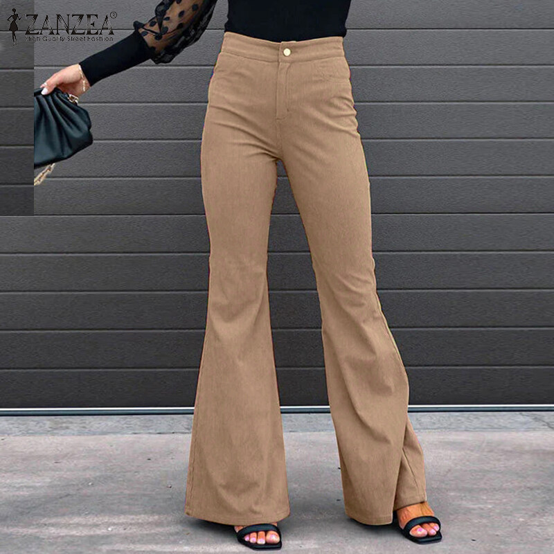 ZANZEA Women Formal Office Corduroy Flare Pants Business Leisure High Waist Solid Trousers #15
