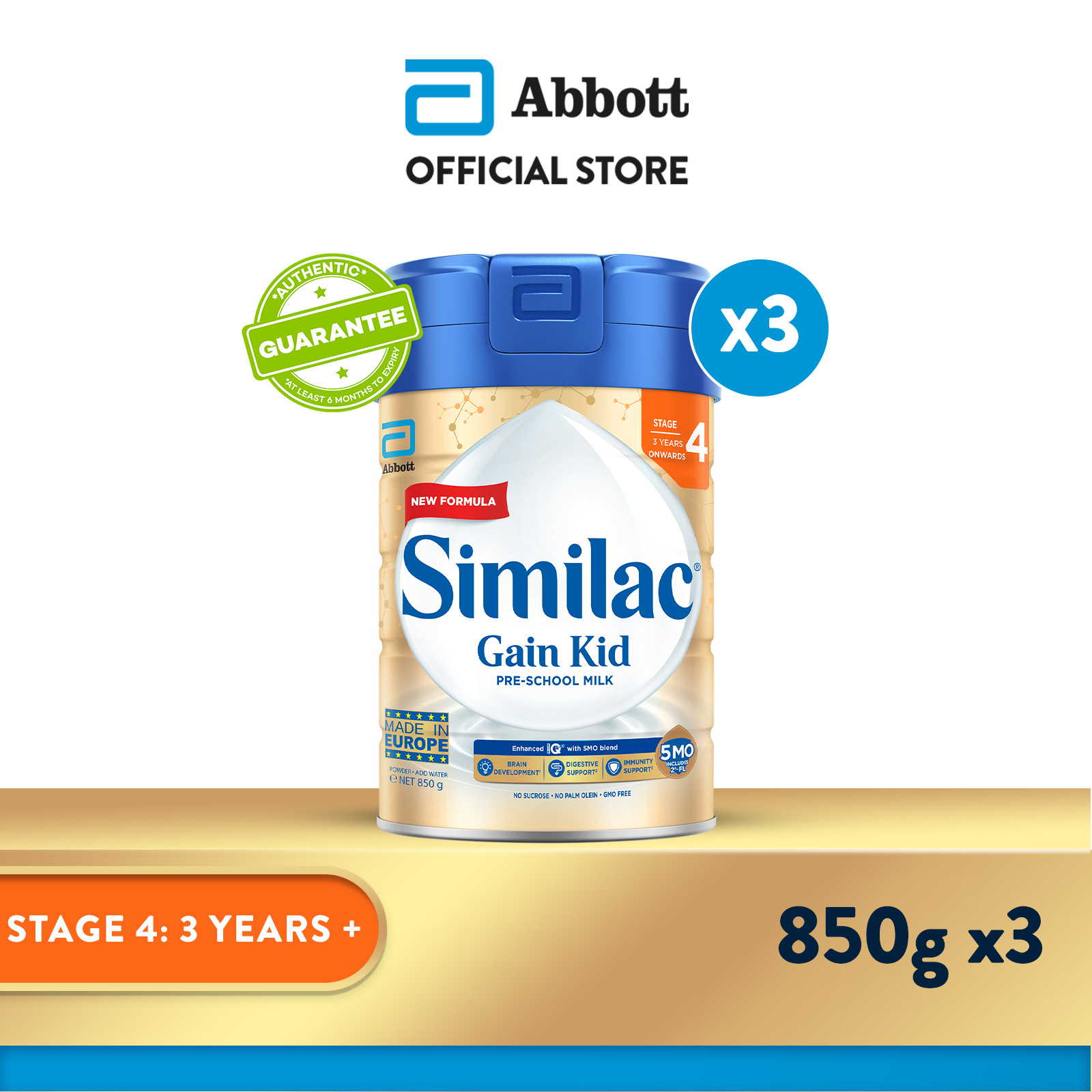 [Bundle of 3] Similac Gain 5MO Stage 4 Kid Pre-school Milk Powder Formula 850g (3 years onwards)