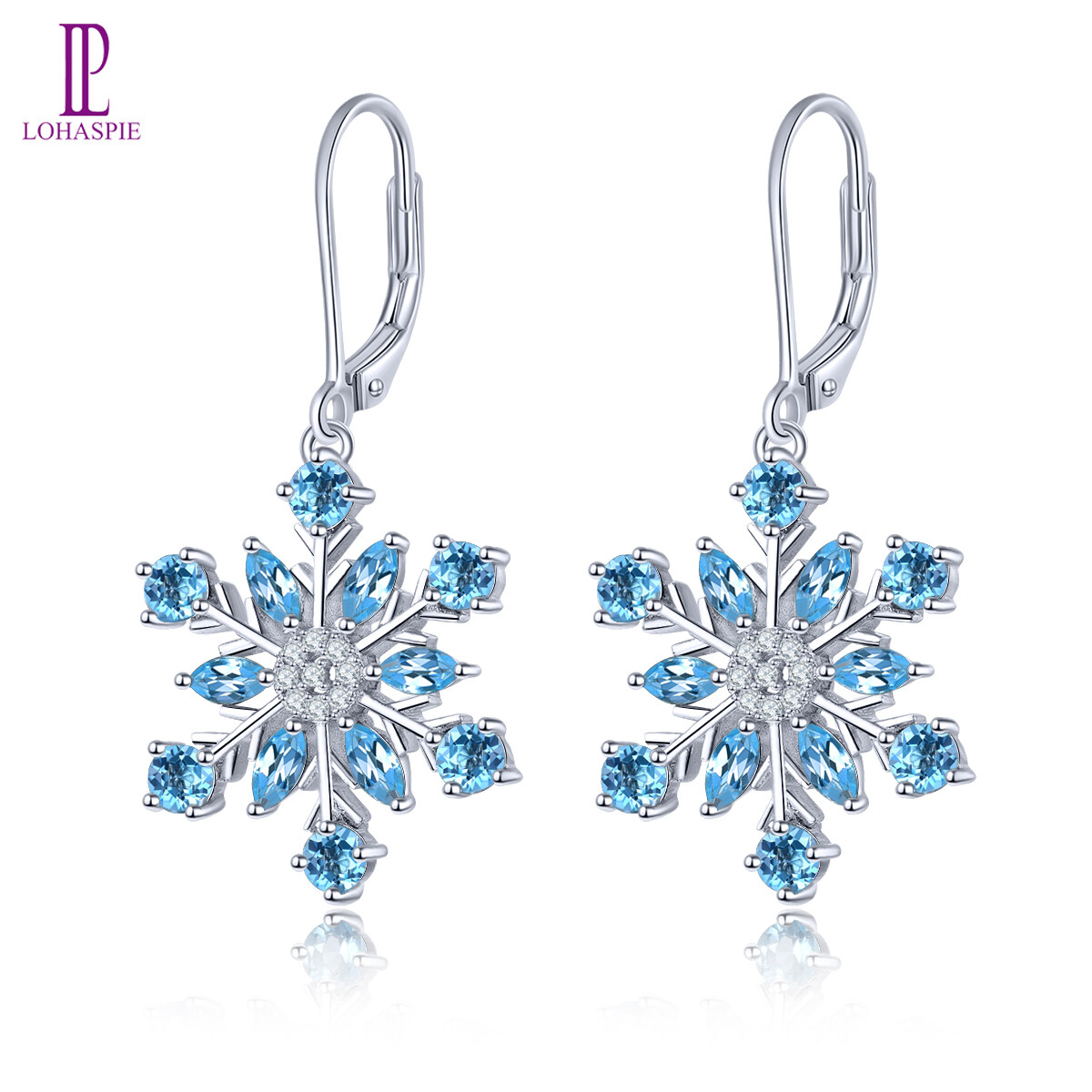 Natural Blue Topaz Sterling Silver Earrings Drop Earrings Silver 925 Original Design for Women 2.9 Carat Blue Snow Flower Design Romantic Korean Style Anniversary Wedding