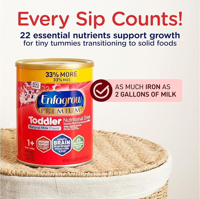 Enfagrow PREMIUM Toddler Nutritional Drink, Made with Real Milk, Brain-Building Omega-3 DHA, Nutrients and Prebiotics for Growth & Immune Support, Non-GMO, Toddler Milk Powder, 32 Oz Can, 6 Count